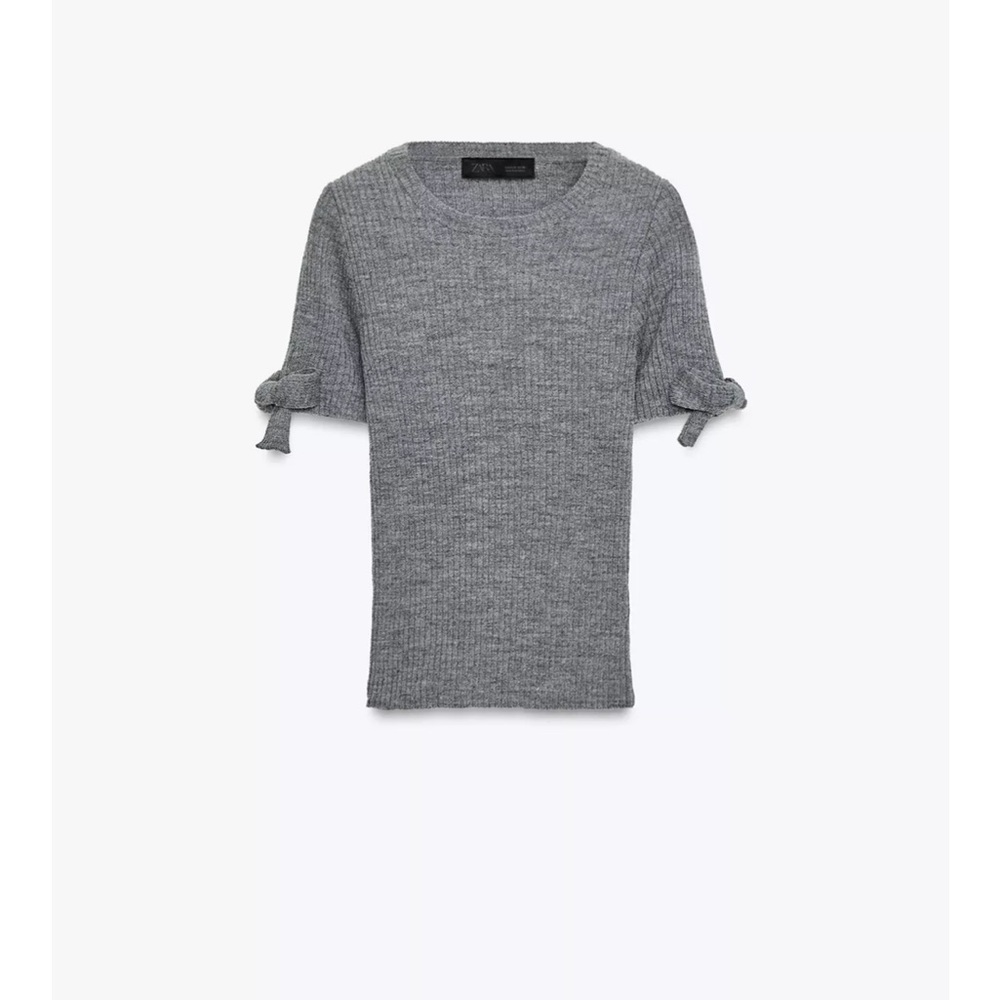 Zara Ribbed Gray Knit Bow Tie Sleeves Top NWT